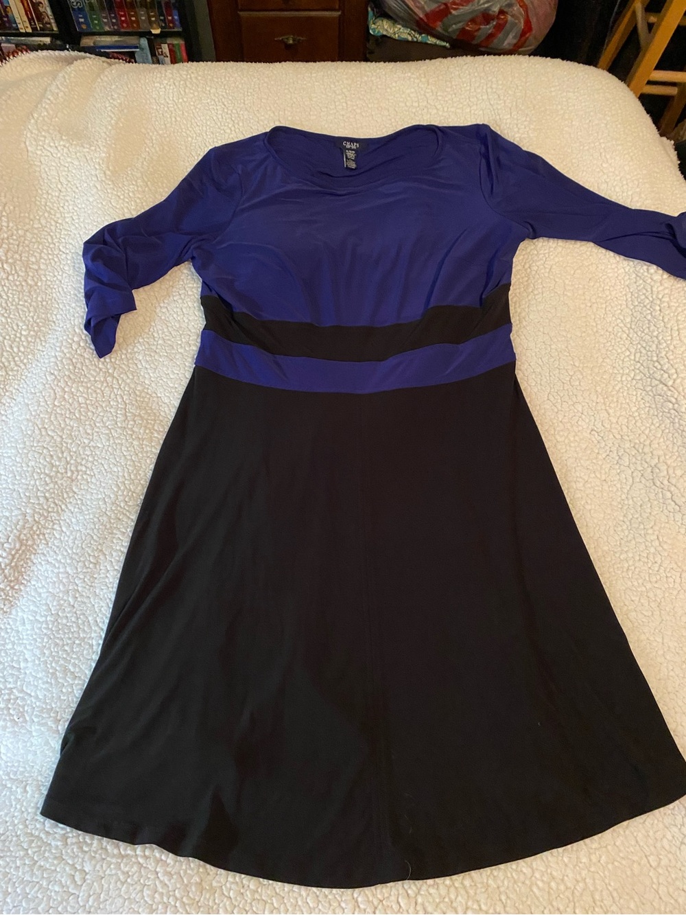 Chaps XL Blue and Black Long-Sleeve Fit & Flare Dress